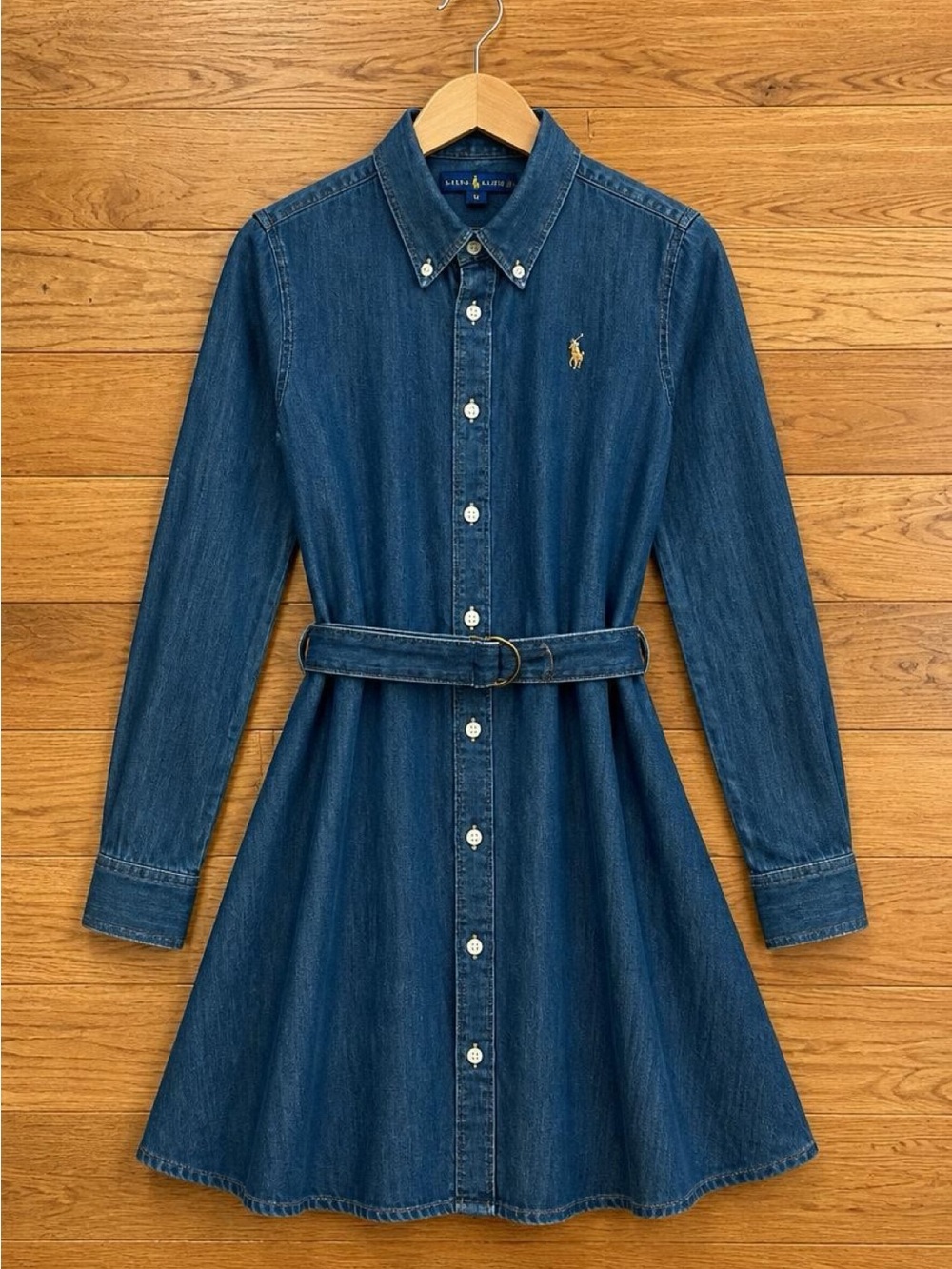 Ralph Lauren Womens 12 Denim Chambray Shirt Dress Belted Fit Flare Pony Blue